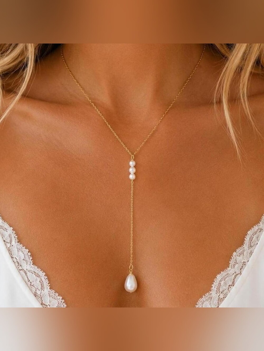 Gold Faux Pearl Lariat Necklace Dainty Y Drop Stainless Steel